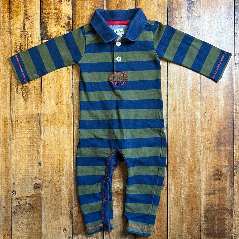 Hatley outfit boys rugby stripe green blue 3 to 6 mos one piece spring cotton